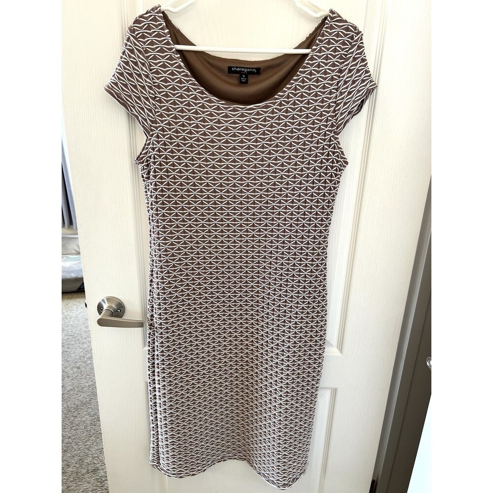 NWT Sharagano Women's Brown & White Textured Sheath Day Dress Stretch Sz 14